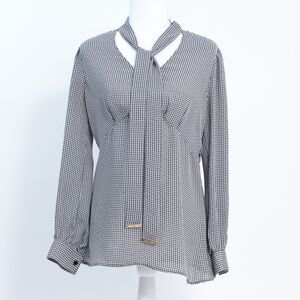 Michael Kors Women's Black & White Geometric Neck Tie Long-Sleeve Blouse Size 2